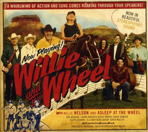 "Vintage-style album cover with Willie Nelson and band on horseback and rodeo scene."
