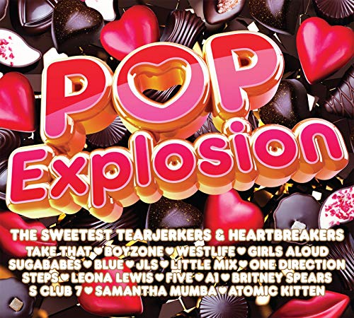"CD cover with 'Pop Explosion' text surrounded by chocolates and hearts, listing artist names."