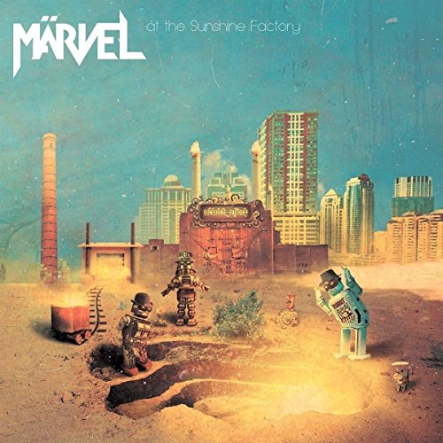 "Vinyl record cover featuring robot figures in a post-apocalyptic cityscape with 'MARVEL' logo."