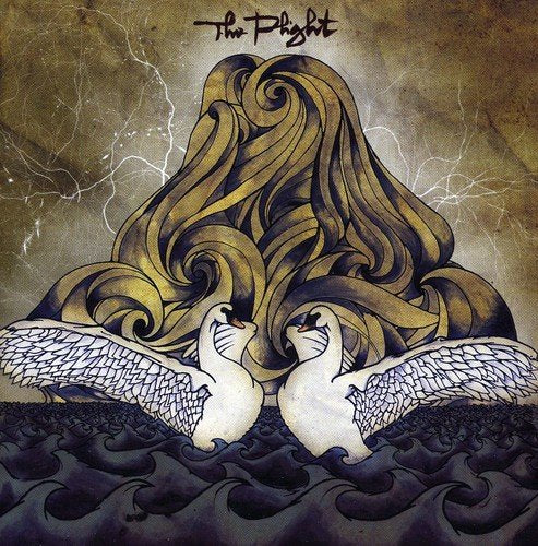 "Album cover art featuring two white birds and flowing golden hair against a stormy background."