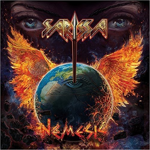 CD cover: fiery wings, Earth impaled by a spear, intense eyes.