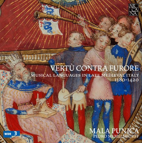 "CD cover featuring medieval illustration of men playing instruments under a red canopy."