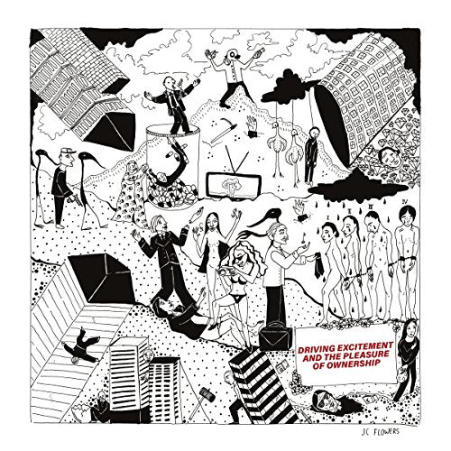 Black and white vinyl album cover with cartoon illustrations and red text on a white background.