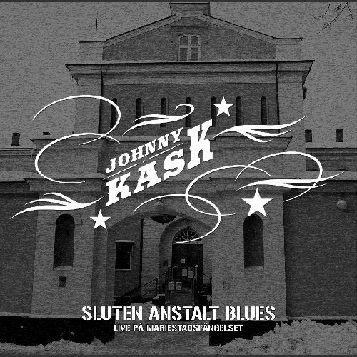 Black and white CD cover featuring a building and the text "Johnny Kask.