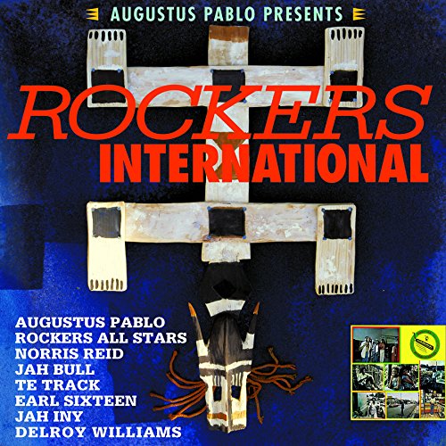 "Album cover with 'ROCKERS INTERNATIONAL' in red, blue background, and listed artist names."