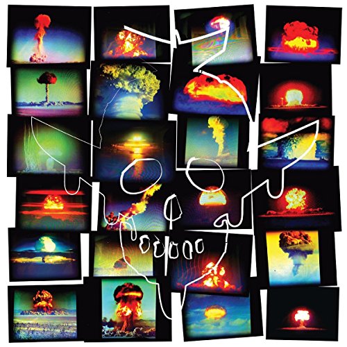 Collage of colorful nuclear explosions with abstract white line writing.