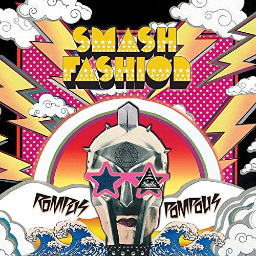 Album cover with a helmeted face, colorful lightning, and waves.