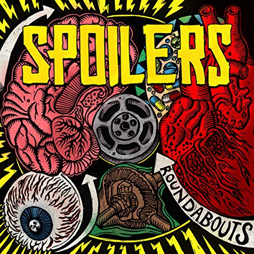 "Album cover for 'Spoilers - Roundabouts' featuring a brain, eye, and film reel illustrations."