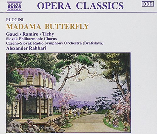 "CD cover with Japanese garden scene and 'Madama Butterfly' opera details."