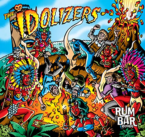 CD cover: colorful cartoon depicts people and demons around a volcano.