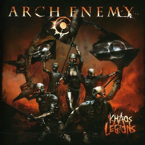 "Album cover featuring warriors with skulls and swords, red background, 'Arch Enemy' and 'Khaos Legions' text."