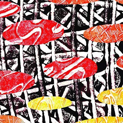 Abstract vinyl album cover with red and yellow oval shapes on black.