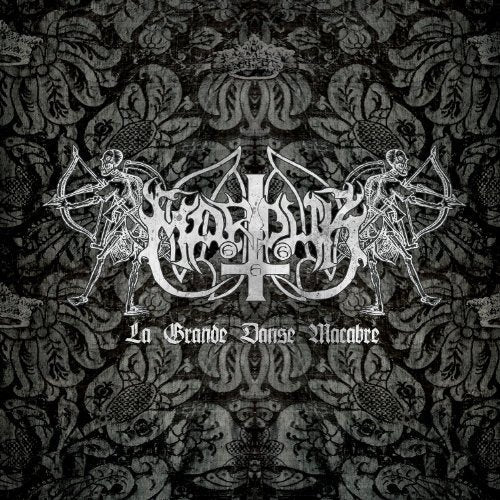 "Album cover with black and gray floral pattern and white text and illustrations."