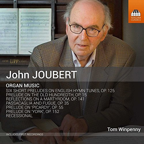 The alt text for the image is: "Man playing organ with sheet music and text overlay describing album contents."