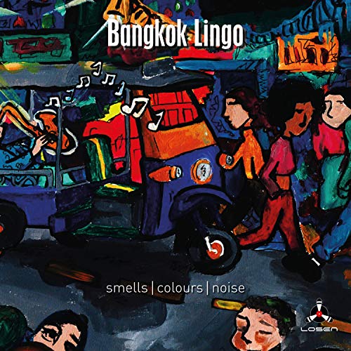 CD cover: colorful illustration of a tuk-tuk and people in Bangkok.