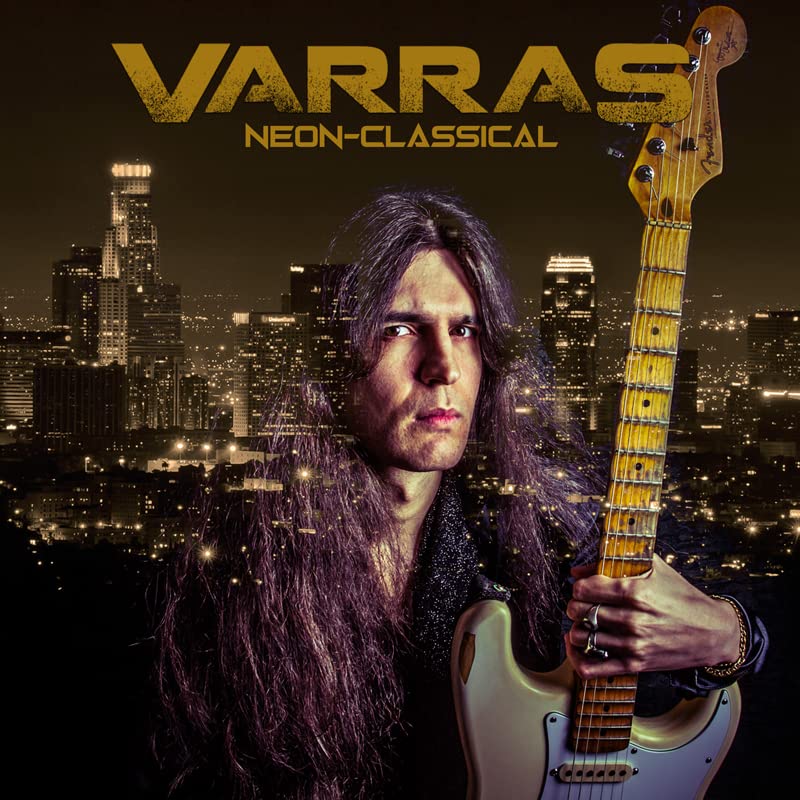 Man with long hair holding a guitar, city skyline background.
