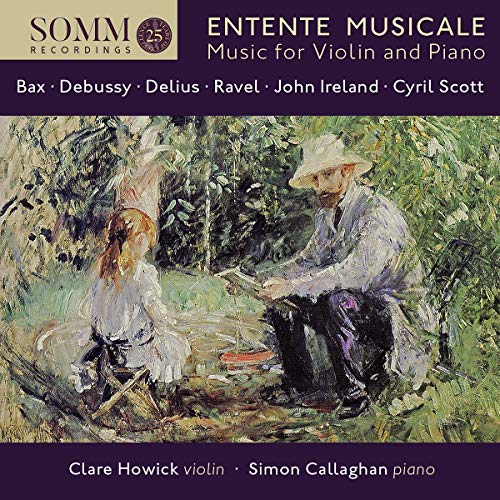 "CD cover with impressionist painting of man and woman in a forest, purple borders."