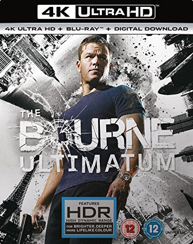 "The Bourne Ultimatum" Blu-ray cover featuring Matt Damon amidst shattered glass and cityscape.