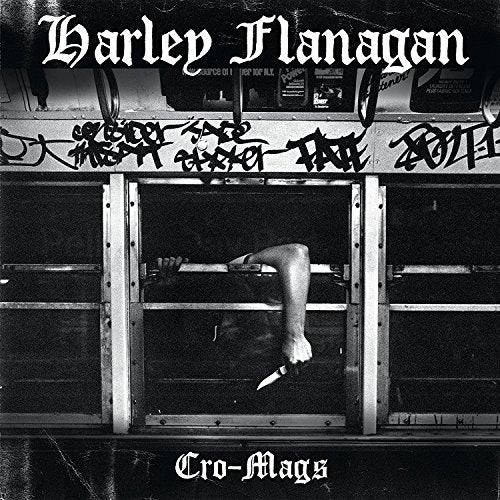 Black and white album cover featuring graffiti and a person with a knife.