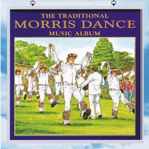 "CD cover with men in white dancing in a green field, blue background."