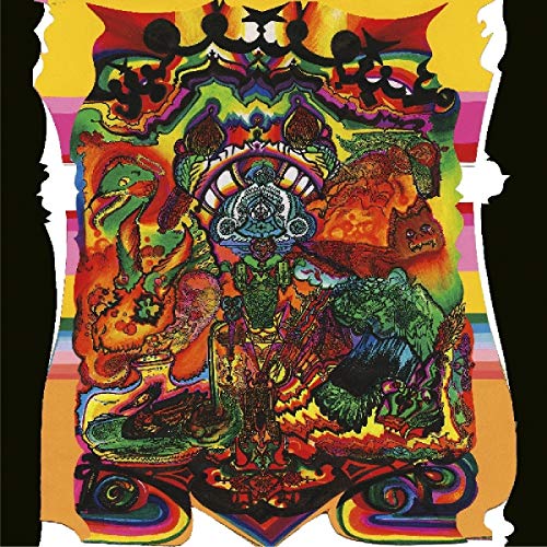 Psychedelic album cover with swirling colors, eyes, and distorted figures.
