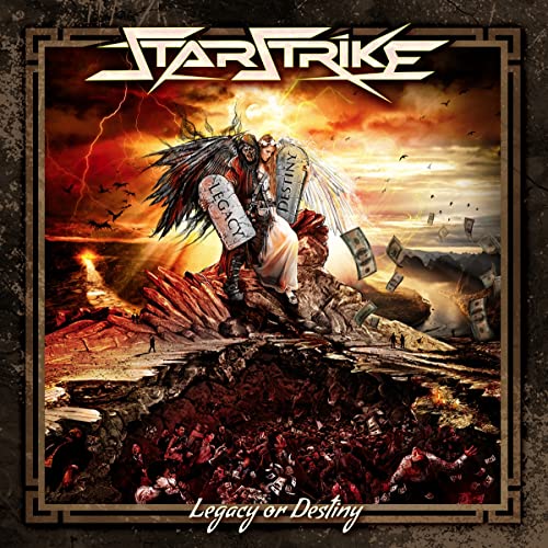 CD cover featuring a winged figure with stone tablets over a fiery pit.