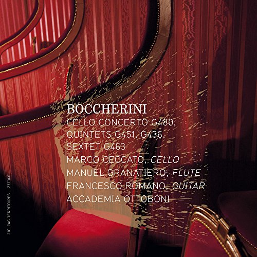 A cello case with red velvet interior and white text listing musical compositions.