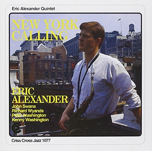 "Album cover with a man holding a saxophone, cityscape in the background."