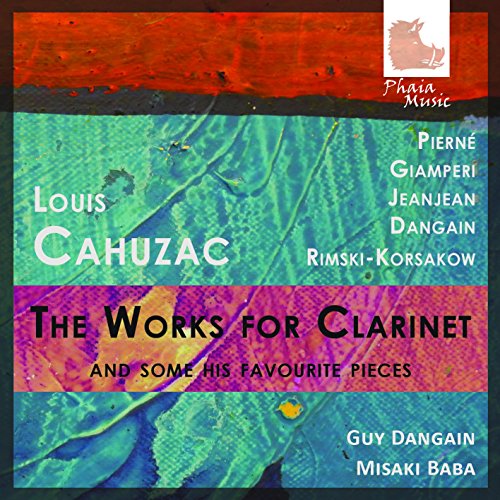 "CD cover with multicolored abstract background and white and black text listing composers."