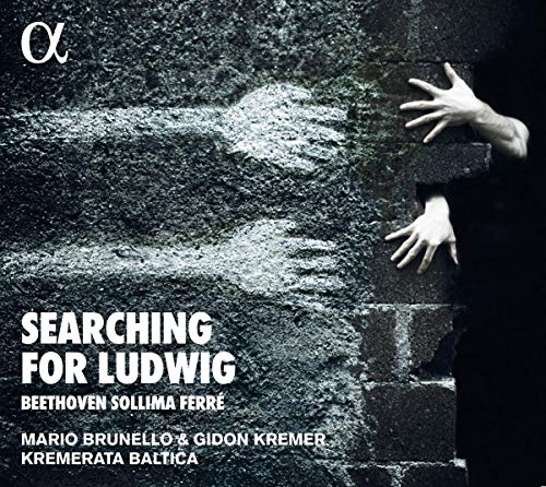 A CD cover with a person reaching through a stone wall, titled "Searching for Ludwig".