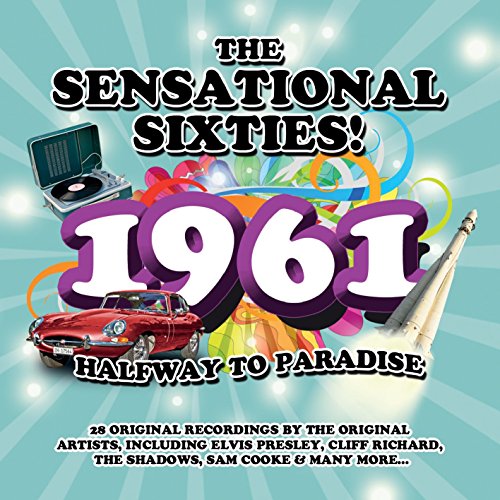 CD cover art featuring a red sports car, record player, rocket, and text 1961.