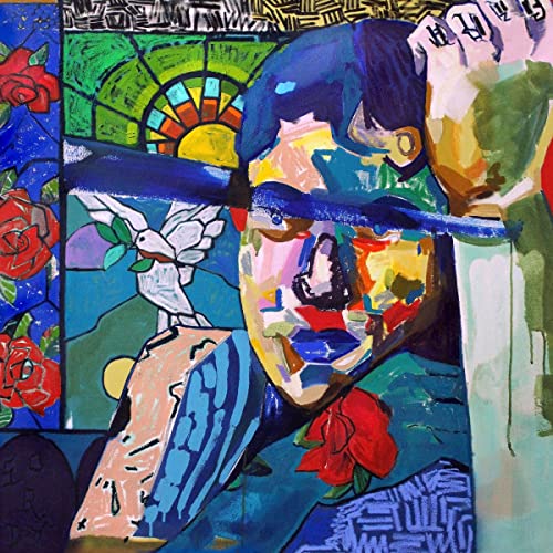 CD cover art: colorful, abstract portrait with roses and doves.
