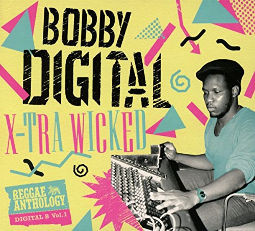 Album cover with man operating synthesizer, yellow background, colorful geometric shapes, and text overlay.