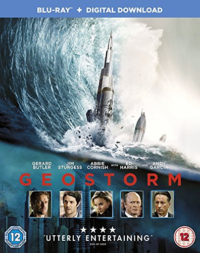"Blu-ray cover for 'Geostorm' showing a skyscraper engulfed by a massive wave."