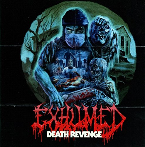 "Album cover with a zombie-like figure holding a bloody axe, surrounded by zombies."