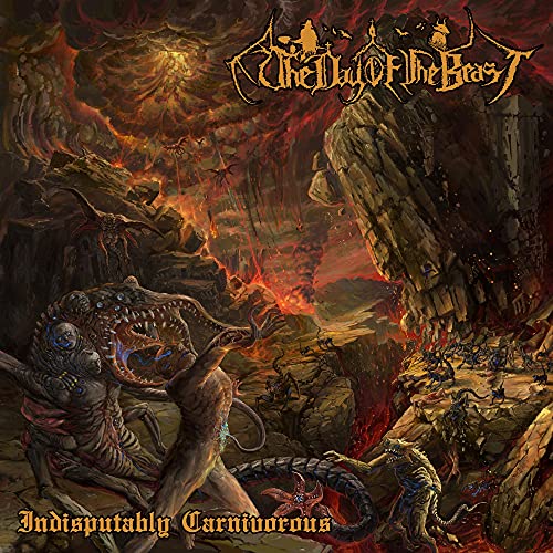Dark fantasy album cover with monstrous figures in a fiery landscape.