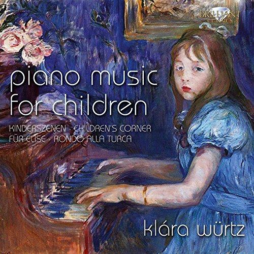 CD cover featuring a young girl playing piano, impressionist painting style, blue dominant color.