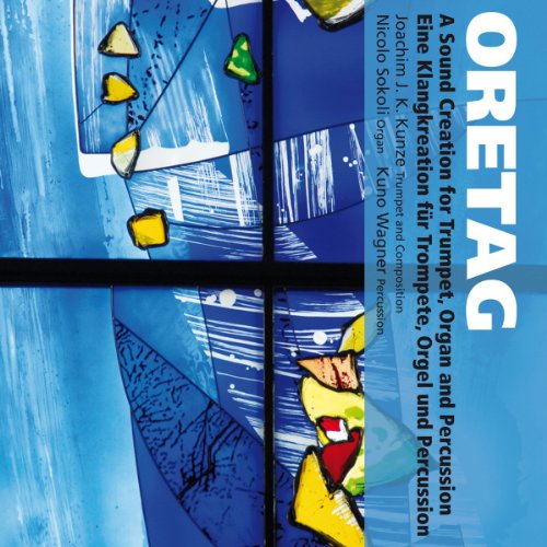 "Blue abstract album cover with 'ORETAG' title and white, yellow, and red shapes."