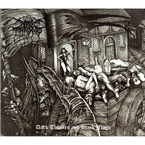 "Black and white album cover art featuring a dark, medieval scene with a coffin."