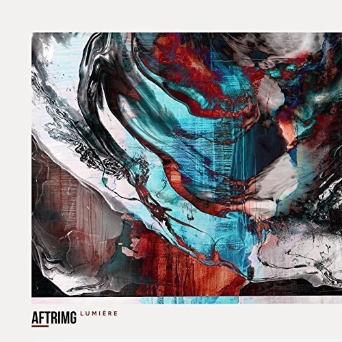 "Album cover with abstract, swirling red, blue, and black paint on a white background."