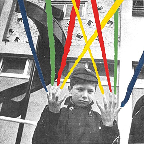 Black and white photo of a child with colorful lines overlaying the image.