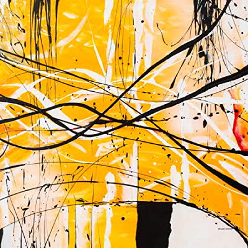 Abstract painting with bold black lines over yellow, white, and orange.