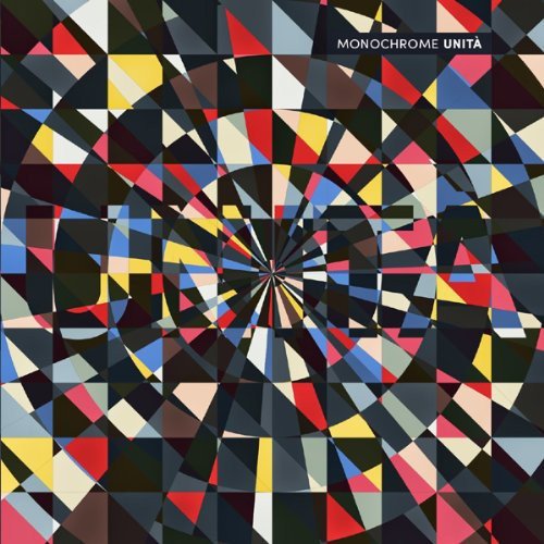 "Album cover with multicolored geometric shapes and 'Monochrome Unita' text on a black background."