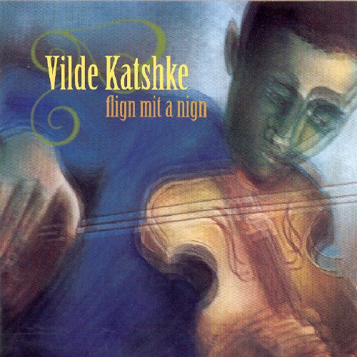 "Album cover with a man playing the violin, abstract background, green and blue hues."