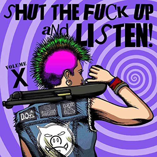 Punk illustration of a person with a mohawk holding a shotgun, purple background.