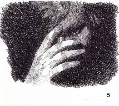 "Sketch of a hand holding a man's face, with Amazon logo overlay."
