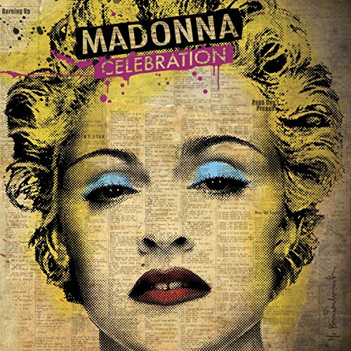 Madonna album cover featuring a stylized portrait of her face on a newspaper background.