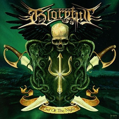 "Album cover art featuring a skull with wings, swords, and trident on green background."