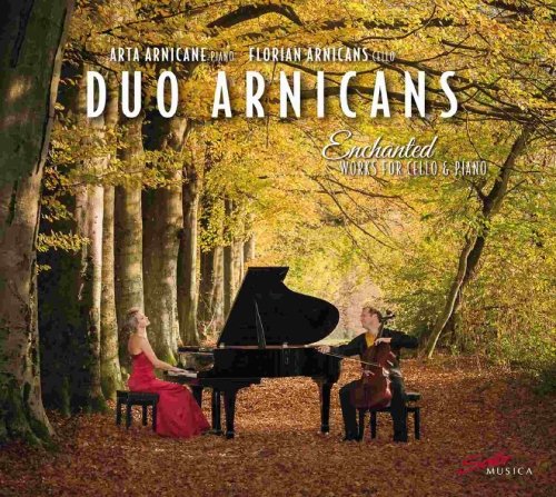 "CD cover featuring a man and woman playing piano and cello in a forest."