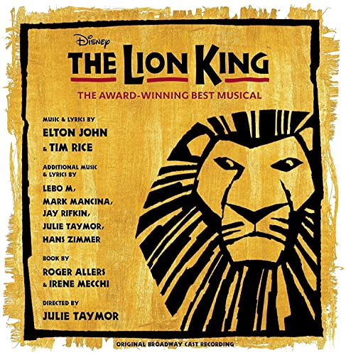 “The Lion King” Broadway cast recording vinyl album cover with lion portrait.